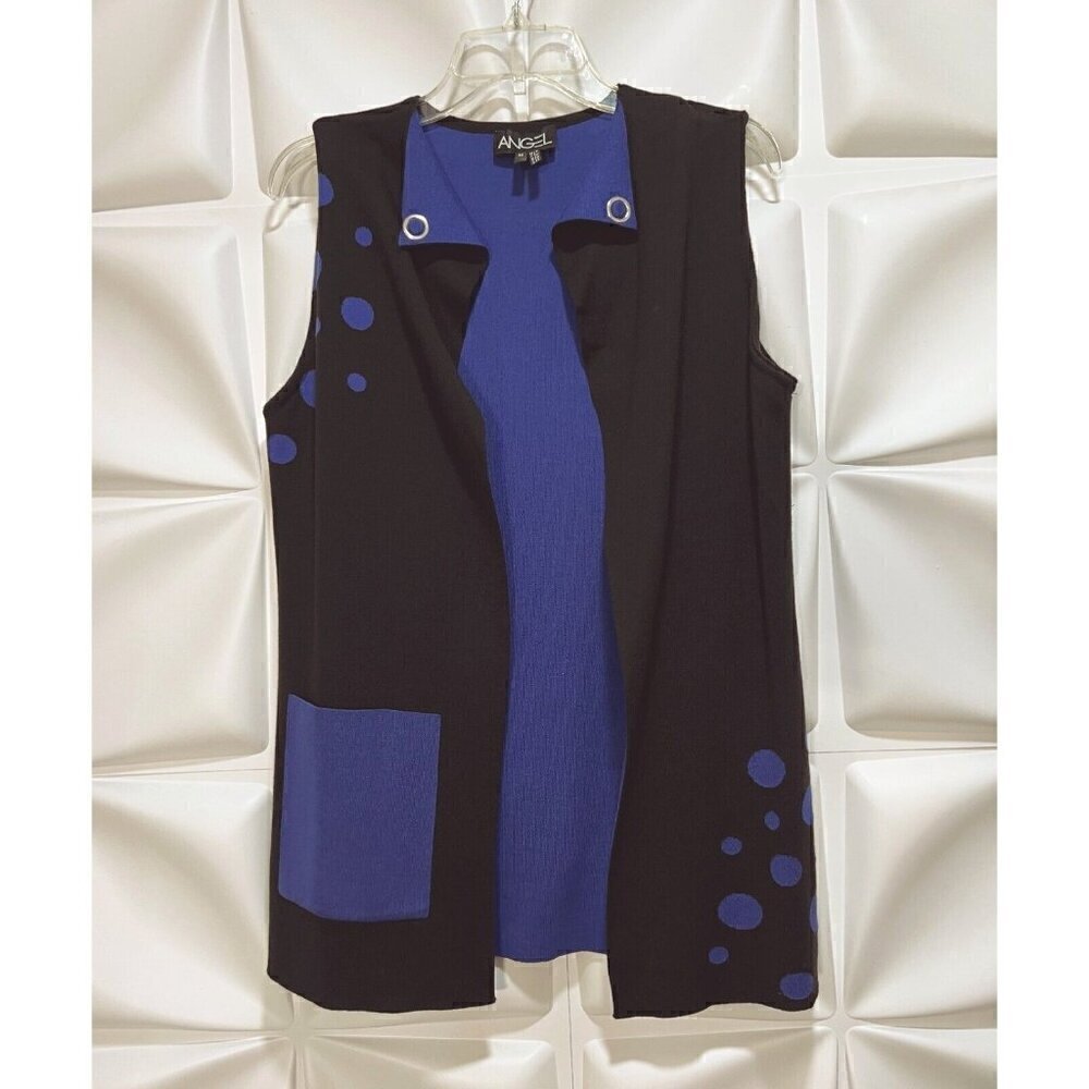Angel Sz M Black Blue Sleeveless Tunic Sweater Vest Dot Print Womens RARE